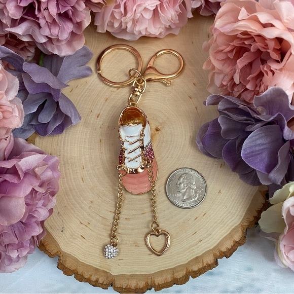 Pink and White Baby Tennis Shoe Crystal Keychain Charm - Picture 10 of 10
